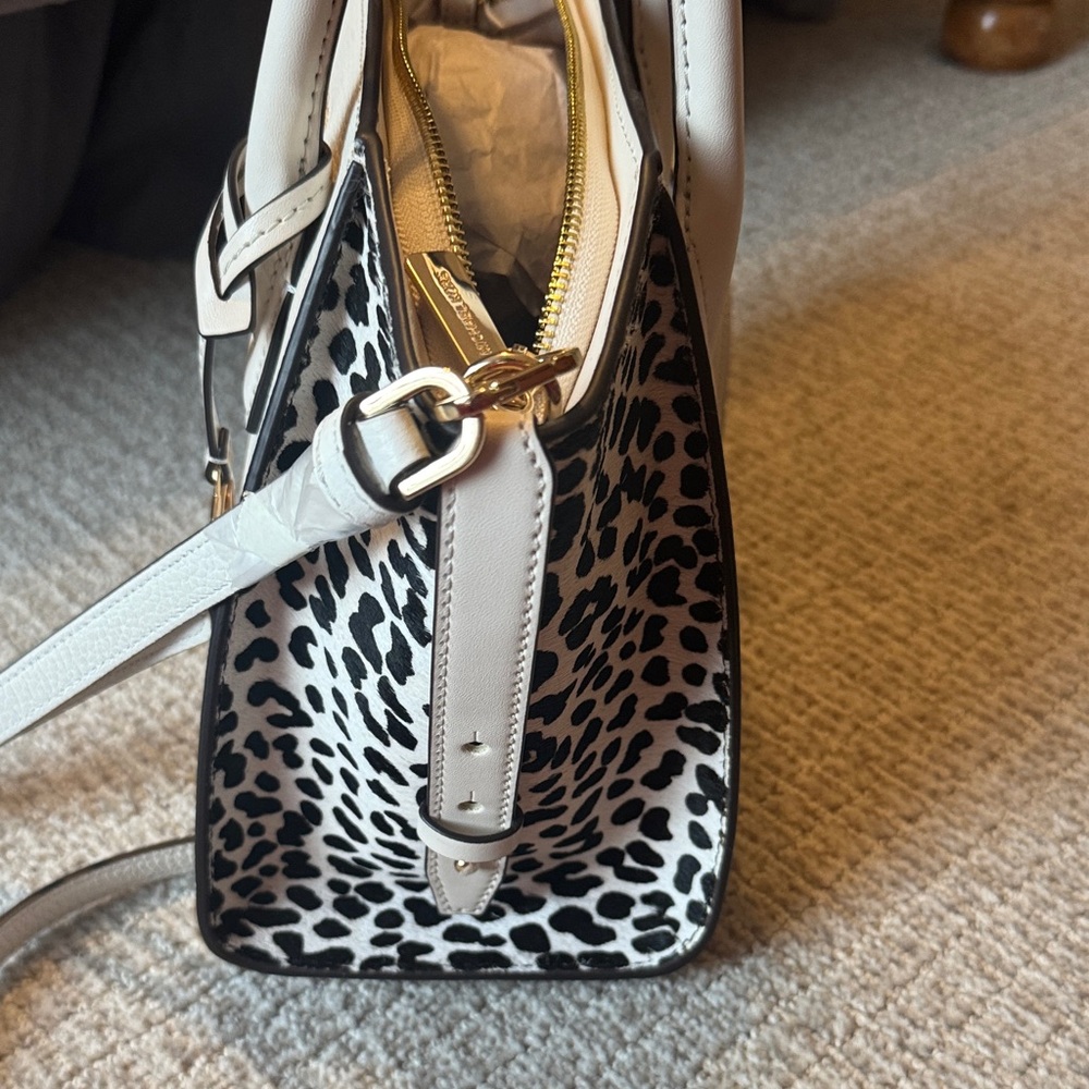 Michael Kors Cream Leather Satchel with Black & White Animal Print Panels - Picture 3 of 6